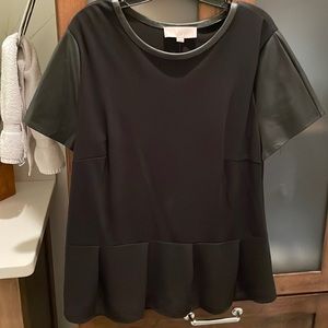 Loft black top with leather sleeves and peplum